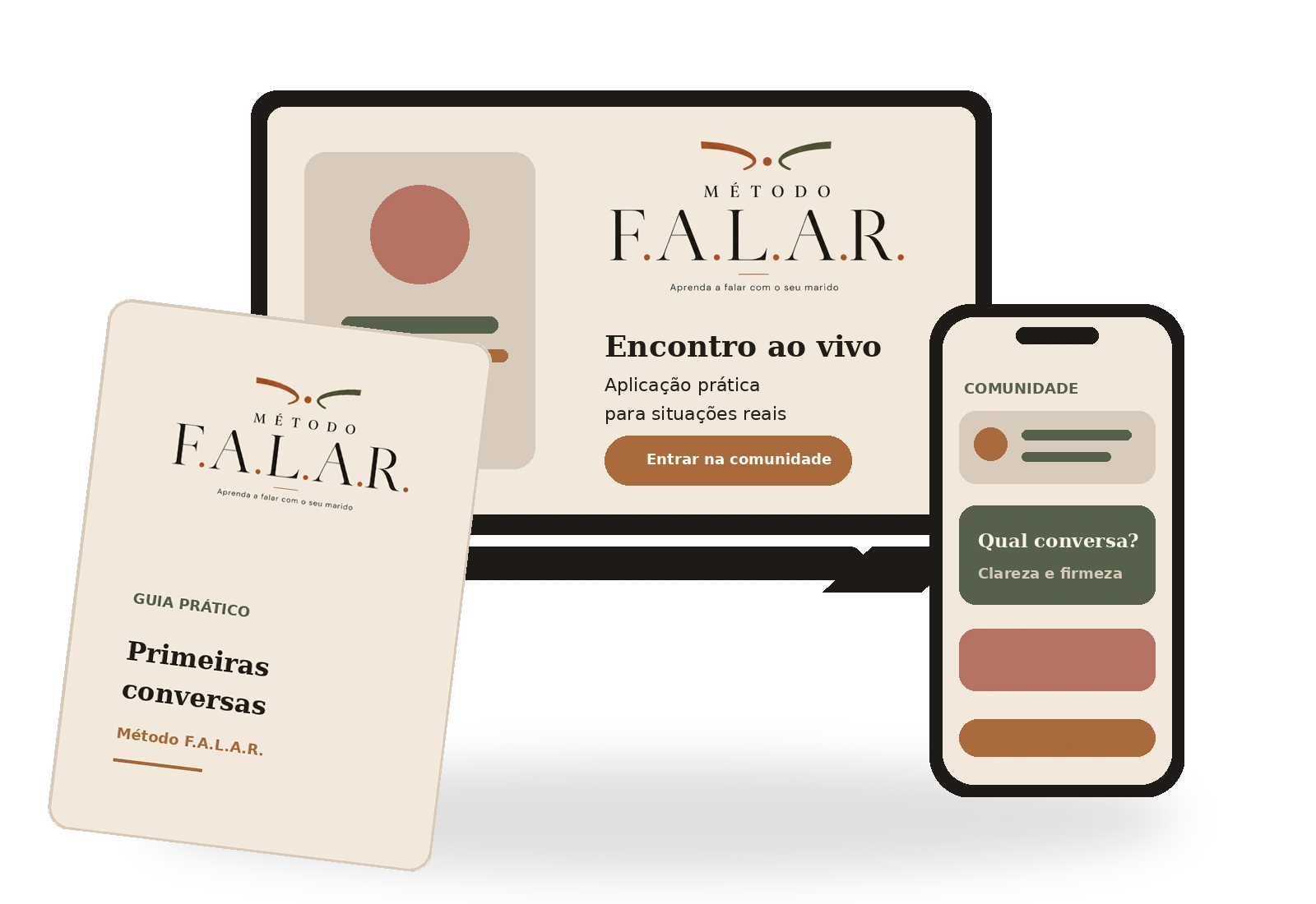 Representação visual do conteúdo, encontros e comunidade do Método F.A.L.A.R.